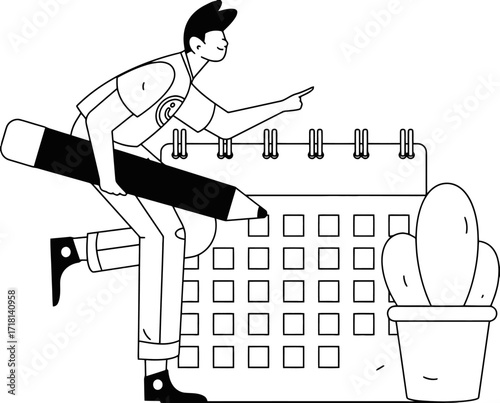 Dynamic businessman actively planning tasks and projects on a large calendar with a giant pencil, symbolizing productivity and goal achievement in a modern business setting