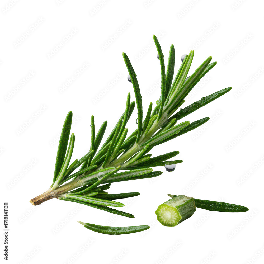 Fototapeta premium Extreme close-up of a vibrant dewy rosemary sprig with a cut stem revealing moist interior, moisture droplets on emerald needles, transparent background, dramatic lighting, commercial food concept