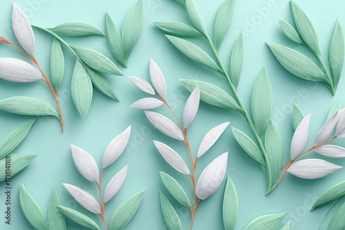 Elegant green and white textured leaves pattern on a calming mint background.