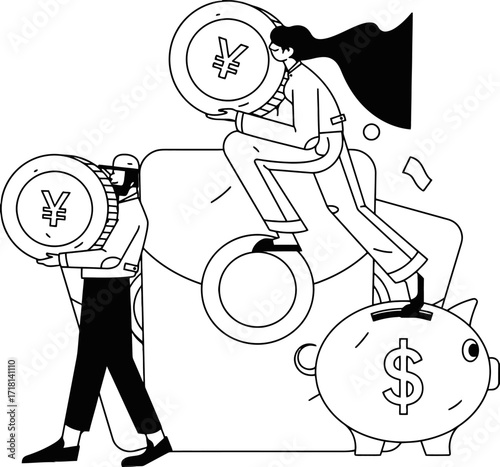 Dynamic entrepreneurs collaborate, carrying large yen coins towards a piggy bank, symbolizing financial growth and investment strategy for modern business success.