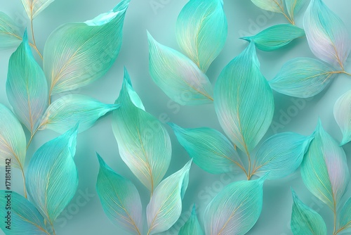 Calming seamless pattern of delicate aqua and teal translucent leaves.
