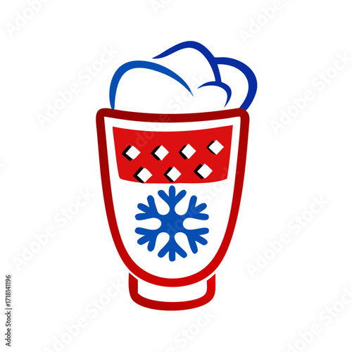 Eggnog drink icon in decorative glass with whipped cream and snowflakefor Christmas theme