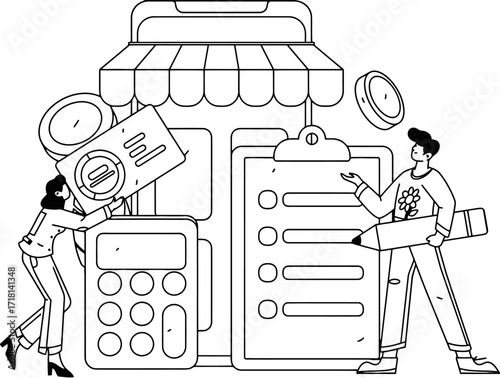 Dynamic duo strategizing business growth with calculator and checklist, symbolizing financial planning and project success in a modern digital marketplace