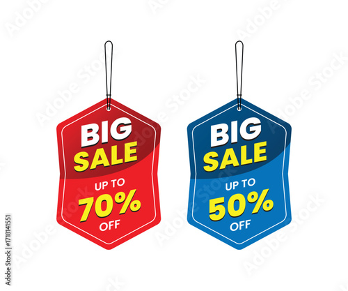 Promotional sale labels best offers sticker bundle, big sale up to 50% off, up to 70% off, Dangler Vector template design, vector illustration. Red and blue Dangler, Dangler for promotion.