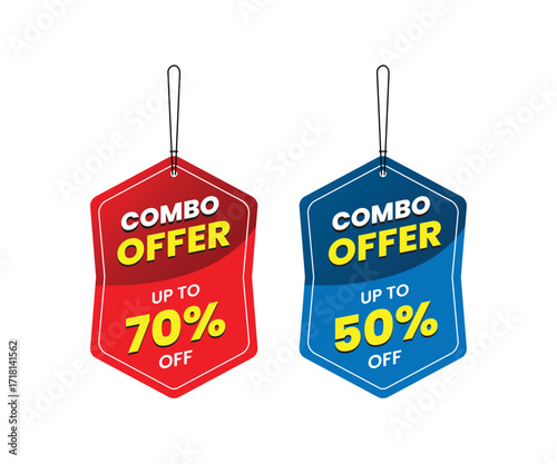Promotional sale labels best offers sticker bundle, combo offer up to 50% off, up to 70% off, Dangler Vector template design, vector illustration. Red and blue Dangler, Dangler for promotion.