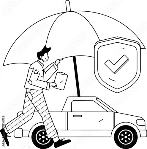 Confident agent secures vehicle protection under a protective umbrella, symbolizing comprehensive car insurance and safety solutions for modern drivers.