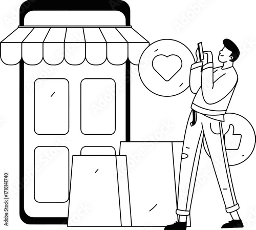 Man engaging with online shopping and social media likes near a storefront with shopping bags, capturing modern retail and digital engagement.