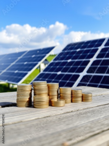 Stacks of coins in front of solar panels on a sunny day representing renewable energy investment