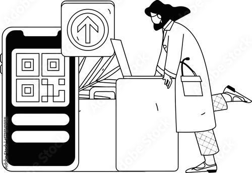 Woman with QR code on phone navigates modern airport terminal with luggage, ready for travel and digital check-in