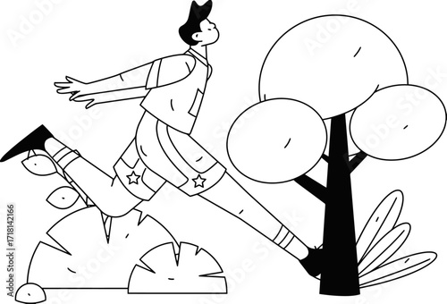 Dynamic young person joyfully running through stylized nature with energetic motion, symbolizing freedom and adventure in a modern graphic style