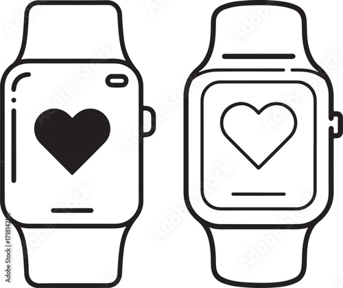 Two smartwatch icons with heart symbol silhouette