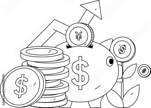 Dynamic financial growth concept with coins, a piggy bank, and an upward trending arrow symbolizing prosperity and investment success