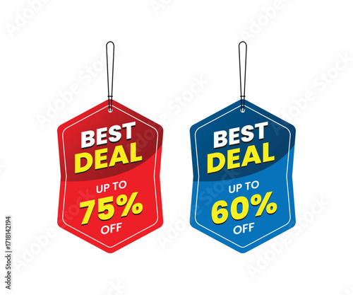 Promotional sale labels best deal sticker bundle, best deal up to 60% off, up to 75% off, Dangler Vector template design, vector illustration. Red and blue Dangler, Dangler for promotion.