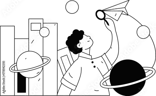 Young innovator launching a paper airplane into the cosmos, reaching for new ideas amidst abstract planets and futuristic cityscapes
