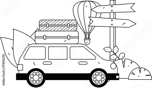 Embark on an epic journey with this stylized car packed with luggage, a hot air balloon soaring above, and a directional signpost pointing towards adventure and exploration.