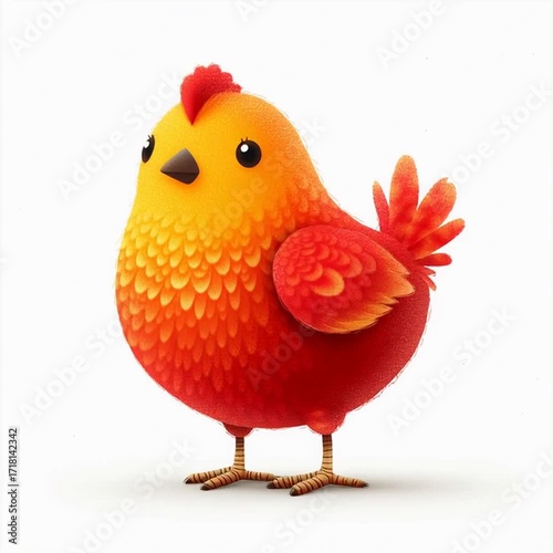 A cute, cartoon-style bird with bright orange and red feathers, round body, and small beak. The bird stands on two legs, isolated on a white background with a soft shadow.