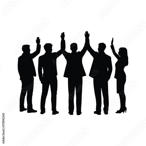 Diverse group of business professionals celebrating success with raised arms in silhouette