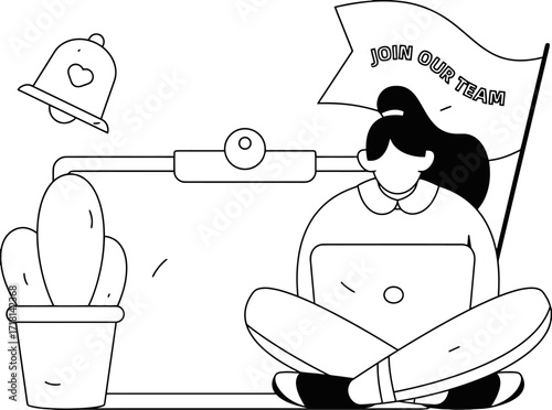 Energetic professional woman with laptop excitedly joins vibrant company team, celebrating growth and opportunity with a notification bell symbol