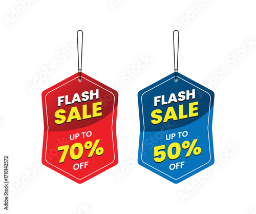 Promotional sale labels best offers sticker bundle, flash sale up to 50% off, up to 70% off, Dangler Vector template design, vector illustration. Red and blue Dangler, Dangler for promotion.
