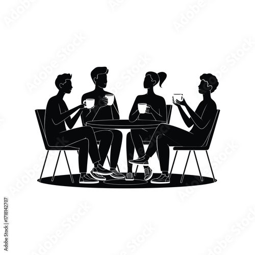 Friends enjoying coffee together sitting at a round table in a silhouette style
