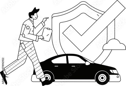 Confident professional reviewing car insurance policy details beside a sleek sedan and a large protective shield with a checkmark, ensuring peace of mind and secure protection for your vehicle.