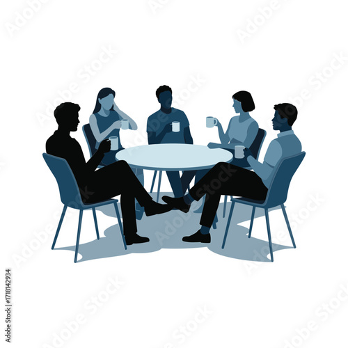 Diverse group of professionals engaged in a lively discussion around a modern conference table