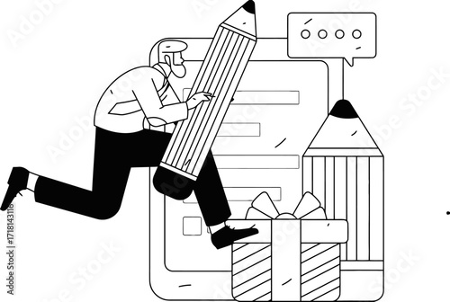 Dynamic businessman with giant pencil actively checking off tasks on digital checklist, celebrating achievement with gift box and chat bubbles above, modern workflow concept