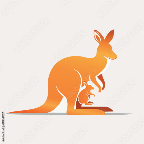 Illustration of a kangaroo with a joey in its pouch, in orange tones.