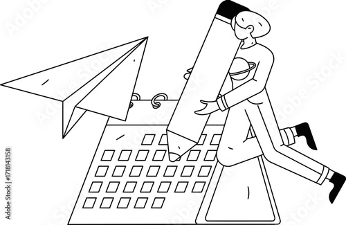 Dynamic entrepreneur plans innovative project launch with giant pencil and paper airplane symbolizing forward progress and creative strategy in a modern business setting