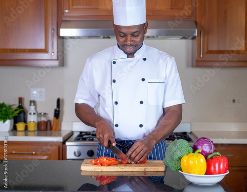 Professional African American male chef in a pristine white uniform skillfully chopping fresh red bell peppers in a modern kitchen setting