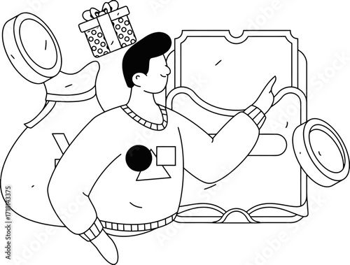 Excited person interacting with digital interface, celebrating financial success with money bag, coins, and gift symbolizing rewards and opportunities in modern business