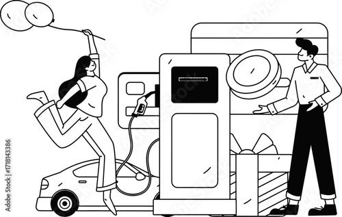 Joyful woman with balloons near electric car charging station as man presents gift, celebrating sustainable transport and new beginnings with vibrant energy.