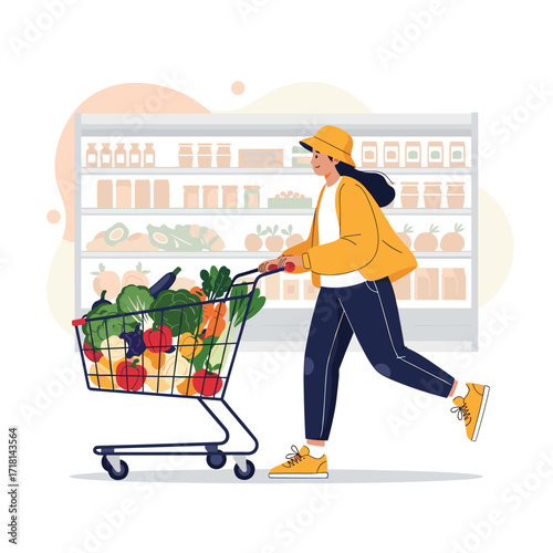 A shopper pushes a cart filled with fresh produce through the grocery store aisles.