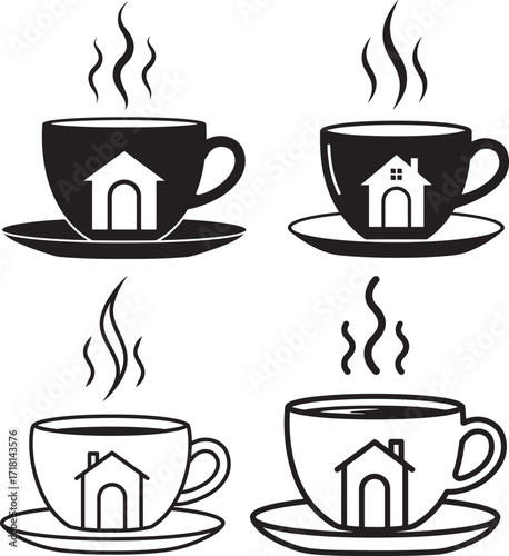 Four steaming coffee cups with house silhouette