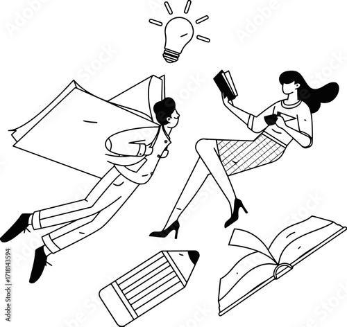 Dynamic duo embracing innovative learning and creative thinking with books and a bright idea bulb illuminating their journey toward success and knowledge