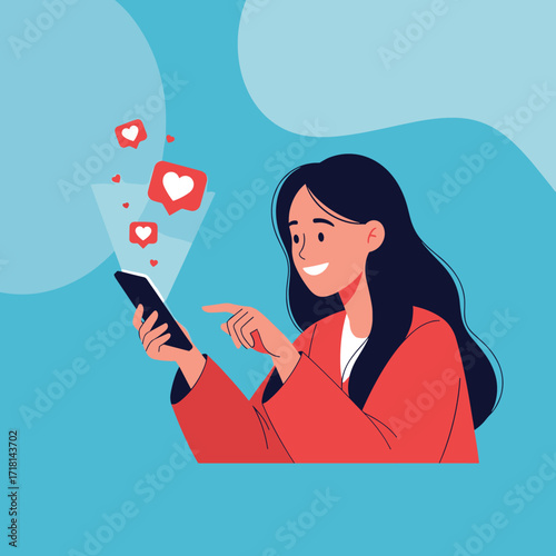 A young woman happily scrolling through her phone receiving many likes and notifications.
