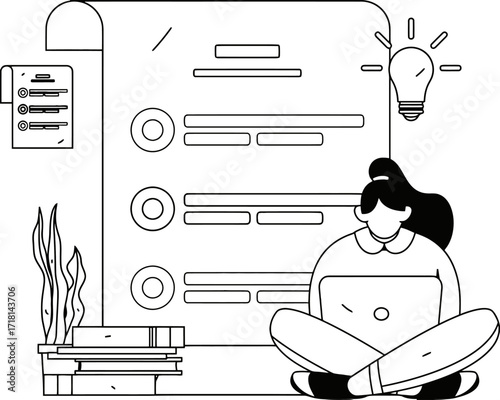 Inspired entrepreneur working on laptop with project checklist and bright idea bulb symbolizing innovation and productivity in a modern workspace environment