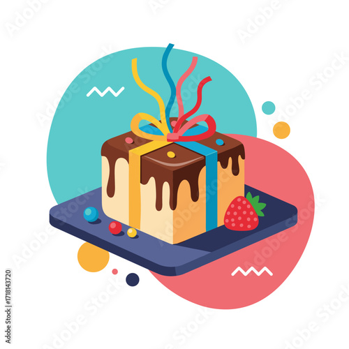 A delightful celebration gift box with dripping chocolate and colorful ribbons on a festive platter.