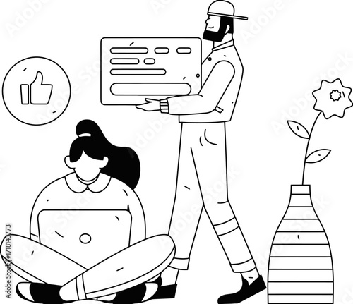 Dynamic team collaborating on digital project, woman with laptop and man presenting ideas, showcasing modern business workflow and positive feedback.