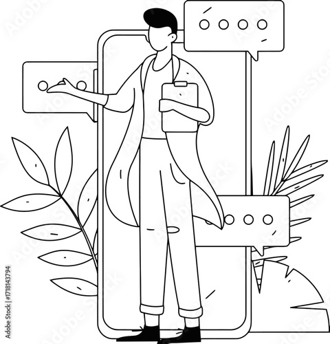 Professional doctor communicating online via smartphone and chat bubbles offering virtual healthcare consultation and medical advice for patient engagement