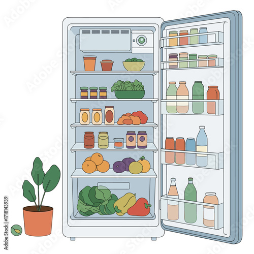 An open refrigerator is stocked with a variety of fresh produce and preserved goods for healthy eating.