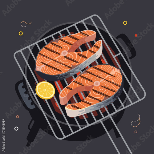 Delicious salmon steaks are grilling on a barbecue with lemon and charcoal.