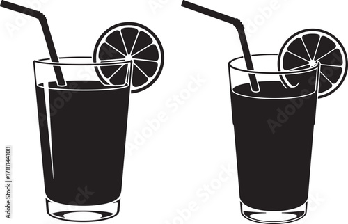 Two tall glasses of dark juice with orange slices and straws silhouette