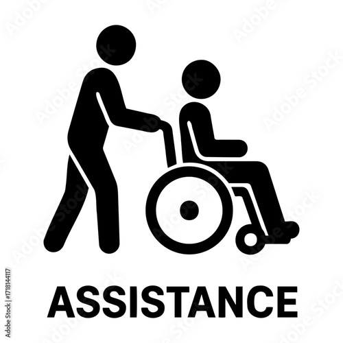 Illustration of a person pushing another person in a wheelchair for assistance and care