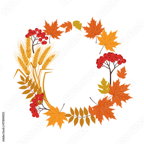Autumnal wreath of colorful fall leaves wheat and berries on a white background.
