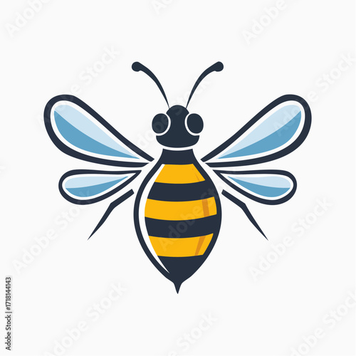 A stylized graphic illustration of a honeybee with yellow and black stripes and translucent blue wings on a plain background.