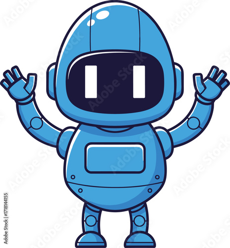 Cartoon blue robot with raised arms and friendly faceplate, standing upright in cheerful pose, isolated on white background, vector illustration