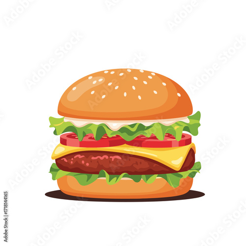 A delicious juicy hamburger with lettuce tomato and cheese.