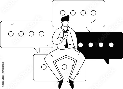 Young person engrossed in smartphone surrounded by digital communication bubbles showing active conversation and ideas flowing freely in modern style