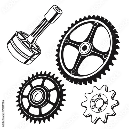 3D Rendered Piston and Gears Mechanical Components